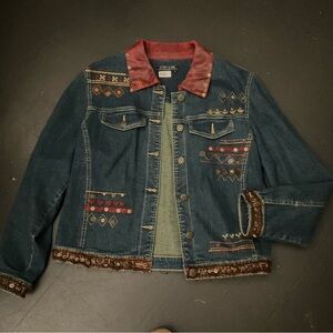 Chic Denim Jacket with Embroidered Details and Red Collar
